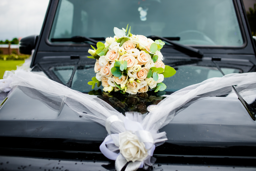 Just Married Car Decoration- Heart Shaped Flowers and Bow for